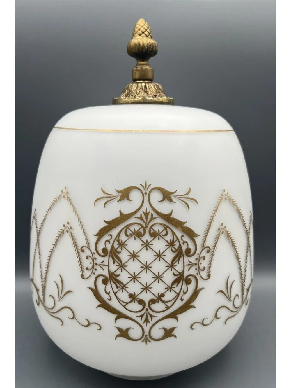Vintage Satin Glass Globe Lamp Shade Gold Scroll Brass Acorn Finial Ceiling